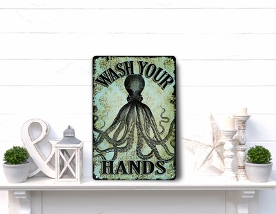 Octopus Wash Your Hands Bathroom Wall Decor Kitchen Art Antique Style Laundry Room Metal Sign Nautical Beach House Steampunk - image6